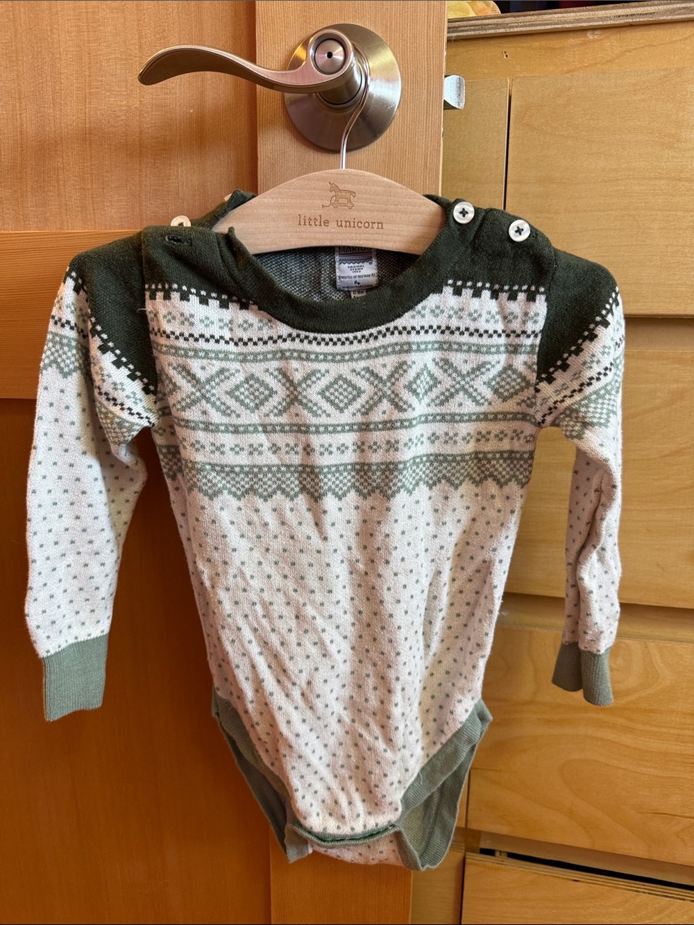 Wool Norwegian Marius Green Fair Isle Long-Sleeve Baby One-Piece